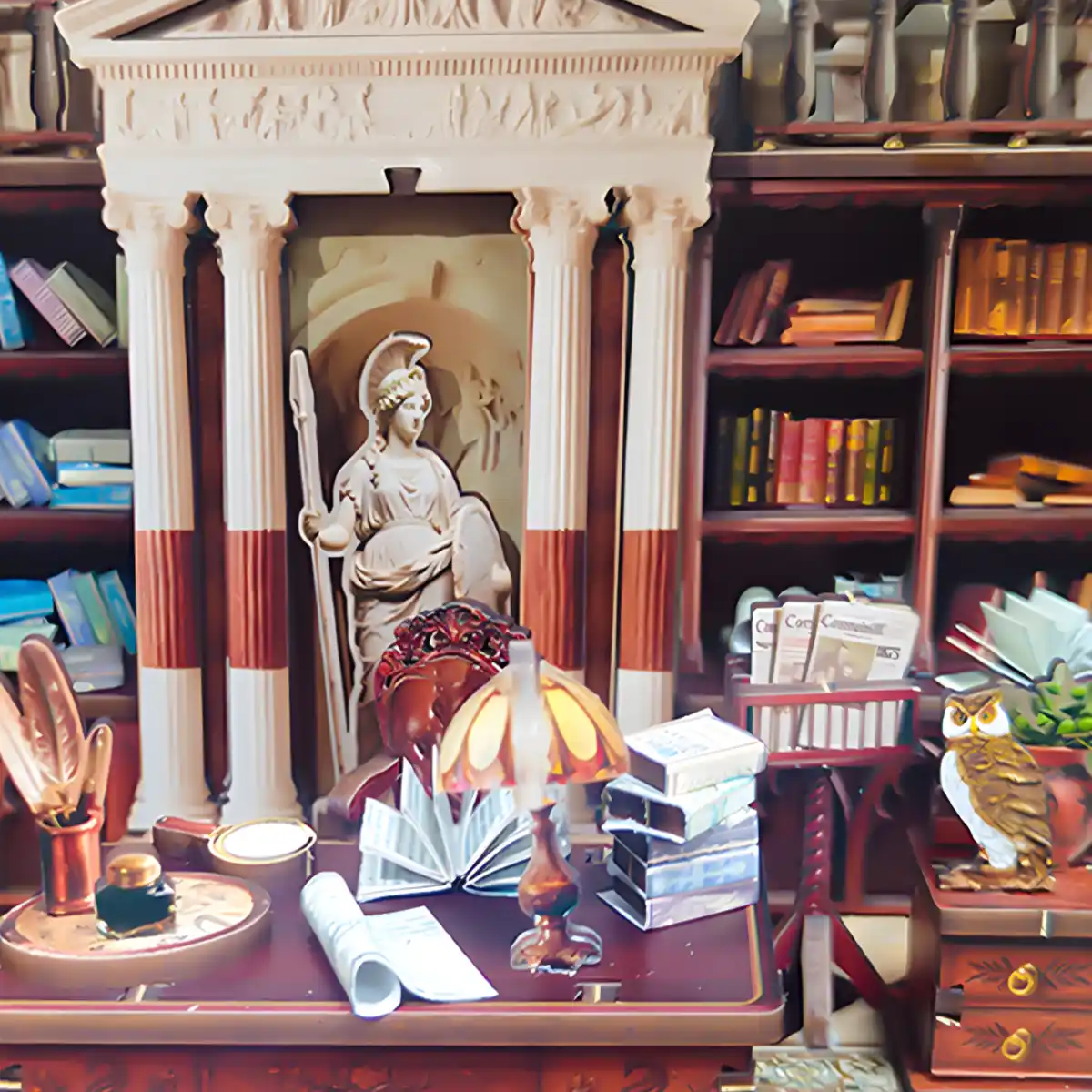 Statue of Athena between columns overlooking the desk, core feature of the Athena’s Study Miniature House.
