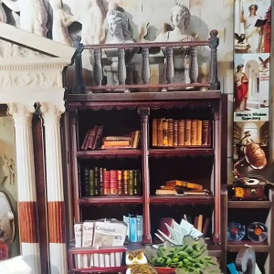 Multi-level bookshelf detail for the Athena’s Study, busts, colorful books, and an owl figurine, Goddess of Wisdom.