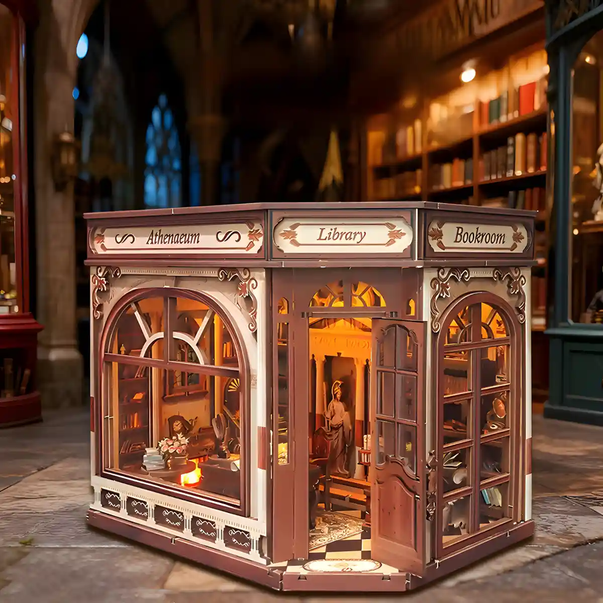 Athena’s Study illuminated exterior display, "Library" and "Bookroom" labels, Ancient Greek miniature.