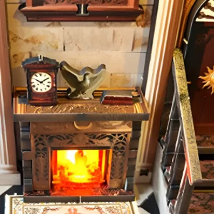 Illuminated fireplace detail in the Athena’s Study Miniature House, featuring a clock and bird on the mantelpiece.