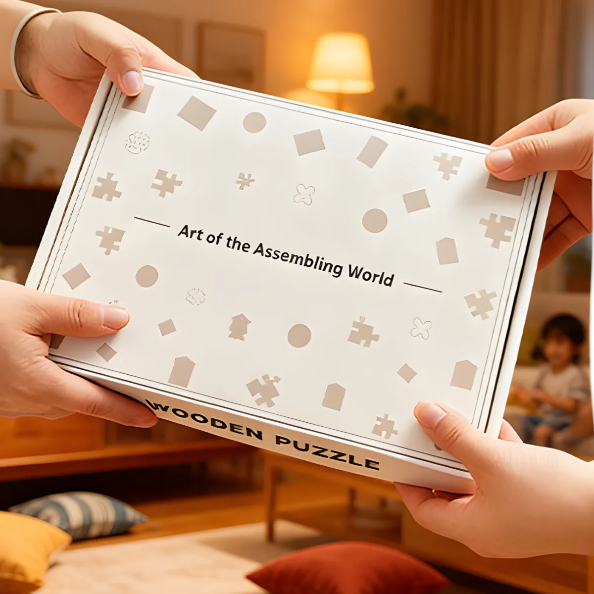 Hands giving the boxed Rofuntime Wooden Puzzle kit, a perfect gift for DIY Miniature House lovers.