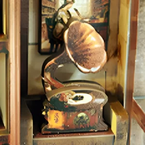 Miniature antique gramophone accessory detail on a shelf inside the Athena’s Study Miniature House DIY Kit.