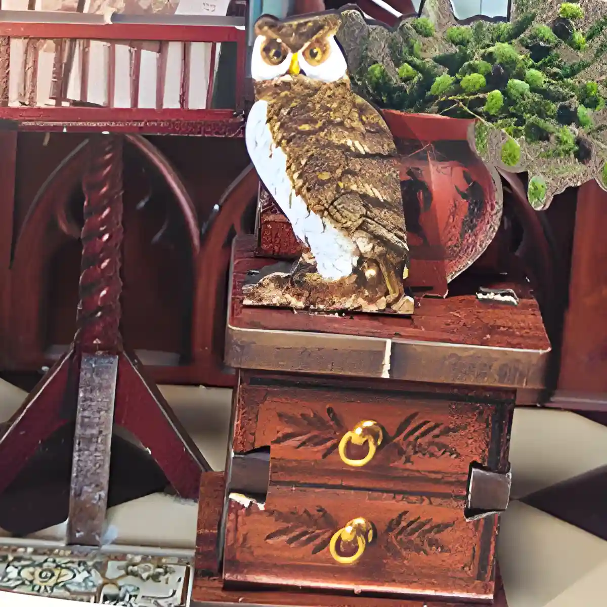 Close-up of the owl figurine on a miniature chest, representing the Goddess of Wisdom in the Athena’s Study.