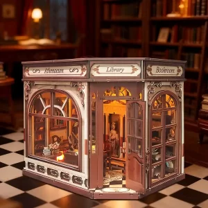 Athena’s Study Miniature House DIY Kit exterior view on a checkerboard floor, bright and welcoming Ancient Greek miniature.