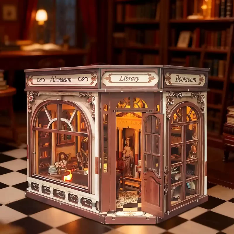 Athena’s Study Miniature House DIY Kit exterior view on a checkerboard floor, bright and welcoming Ancient Greek miniature.