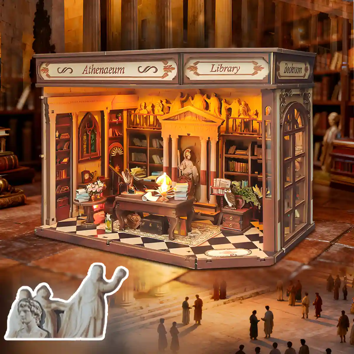 Athena’s Study Miniature House displayed in a dramatic scene with miniature figures and classical Greek mythology diorama.