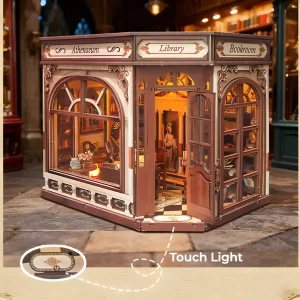 Athena’s Study Miniature House DIY Kit exterior, highlighting the functional "Touch Light" illumination feature.