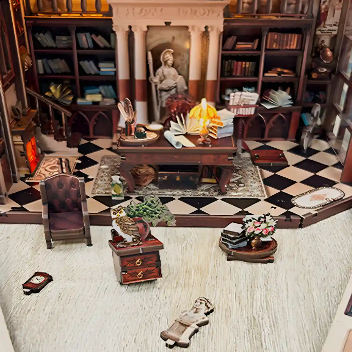 Work-in-progress view of the Athena’s Study Miniature House, showing the desk, chair, and owl figurine details.