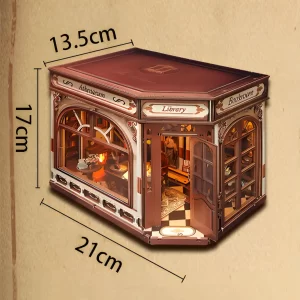 Dimensions of the Athena’s Study Miniature House DIY Kit: 21cm x 13.5cm x 17cm, ideal desktop Peace & Wisdom miniature decor.