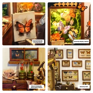 Four detailed scenes from the DIY butterfly house book nook for adults, showing the butterfly collection wall and other décor.