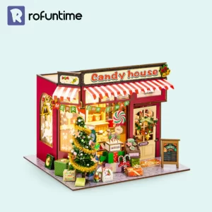 Full view of the Rofuntime Christmas Candy House, a complete DIY dollhouse kit for assembly.