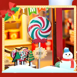Close-up of a large swirl lollipop, a 'NEW' sign in the Christmas candy shop miniature.