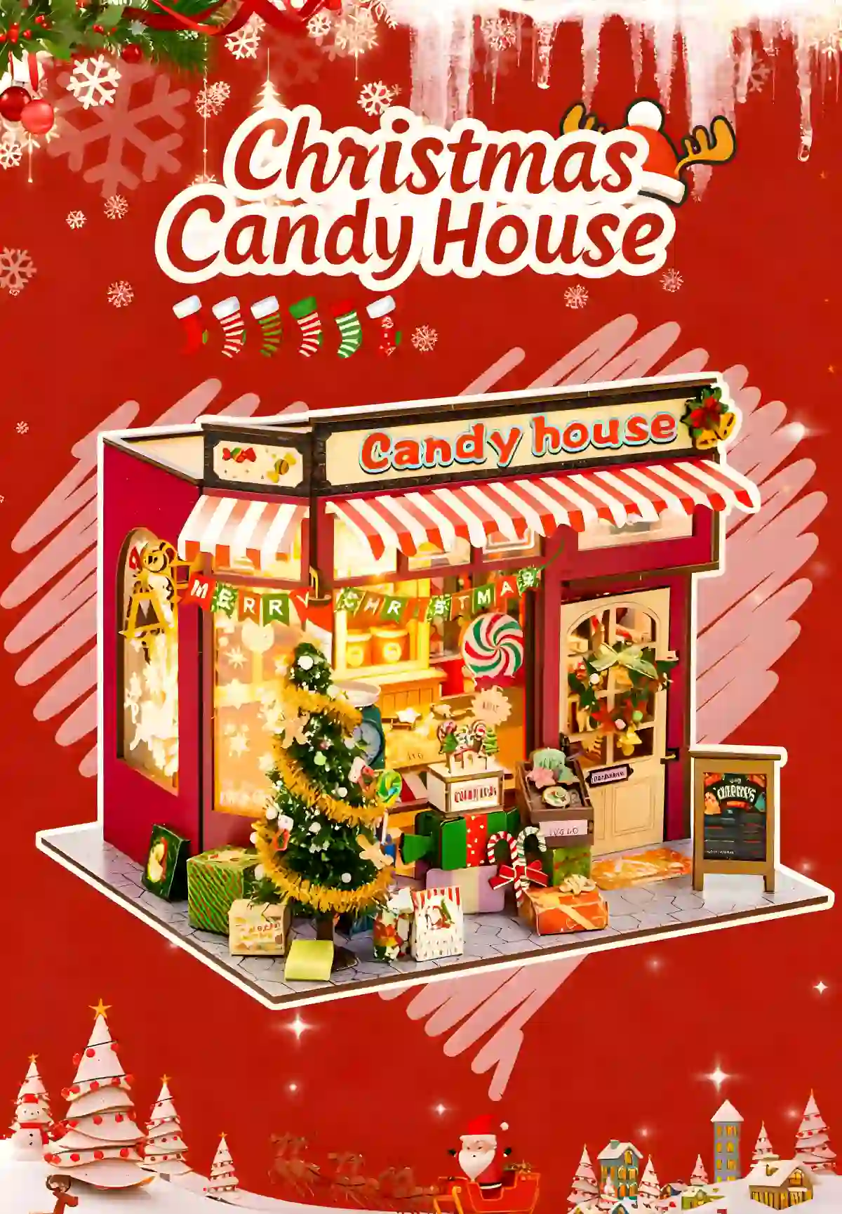 Completed Christmas Candy House Dollhouse kit, fully lit and decorated, a perfect family DIY project.