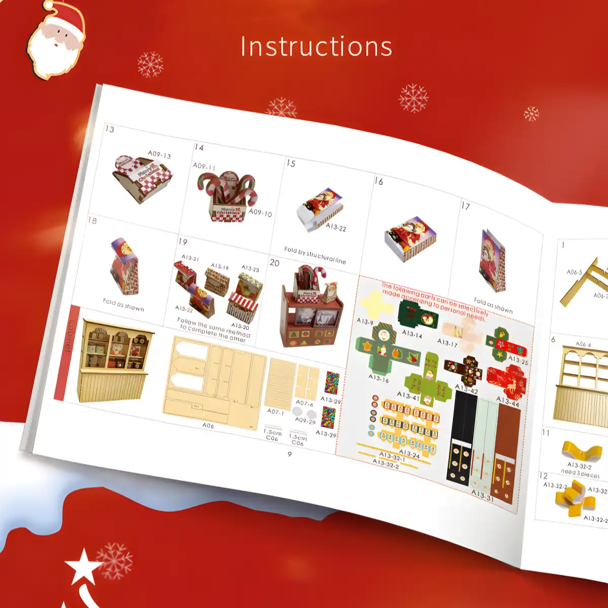 A page from the full-color instruction manual for the Christmas DIY dollhouse kit.