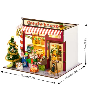 The Christmas Candy House dollhouse kit dimensions: 19.2cm width, 16.5cm depth, 16cm height.