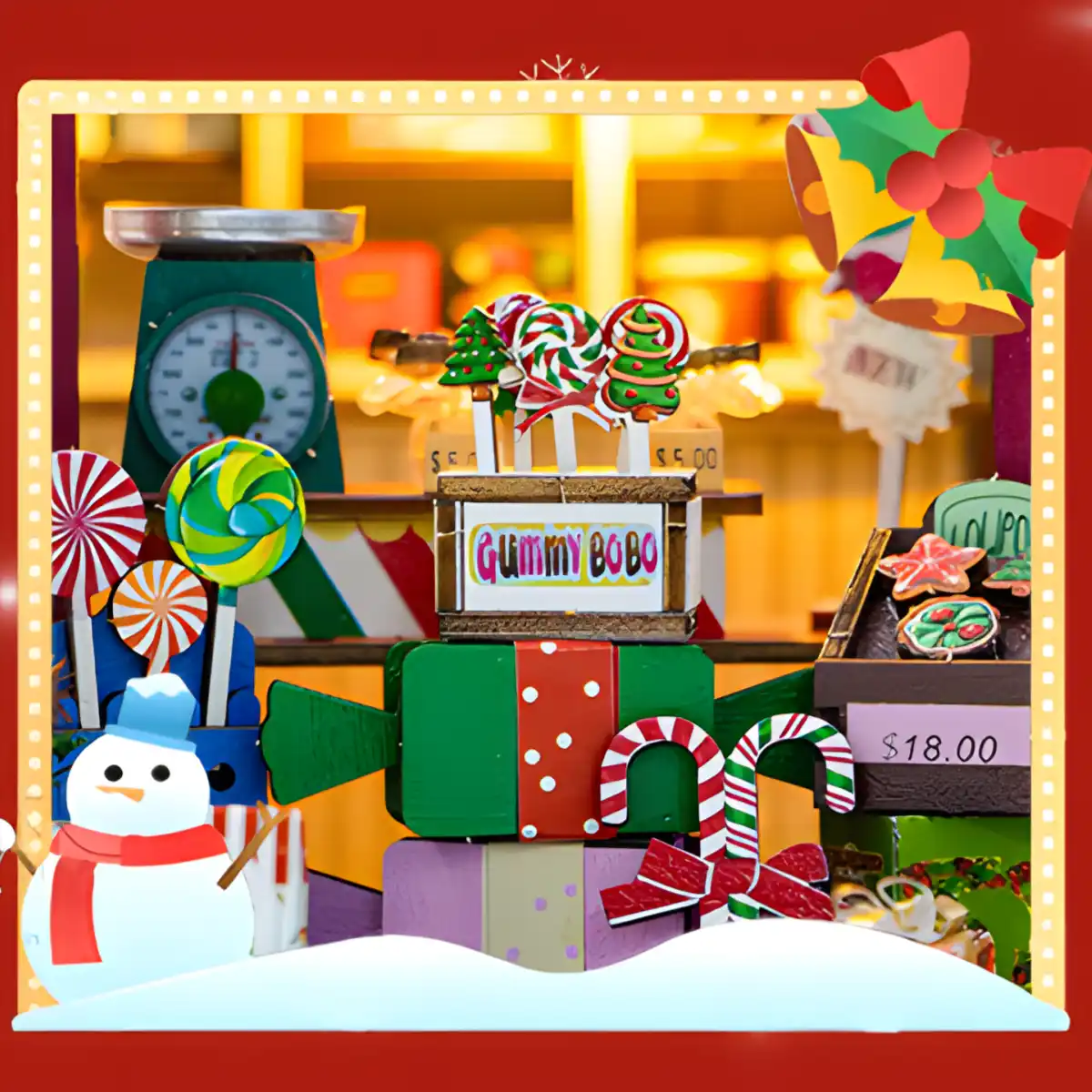 Close-up of the candy shop miniature's counter with lollipops, candy canes, and a "Gummy Bobo" sign.