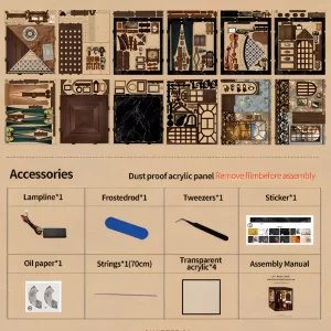 Essential components and accessories for the Rofuntime DIY Book Nook Kit assembly, including wires and acrylic panels.