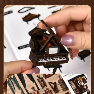 Miniature grand piano assembly, highlighting the immersive DIY Book Nook Kit experience.