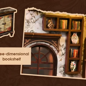 European Melody Box book nook with a three-dimensional bookshelf, decorative vases, and intricate wallpaper.