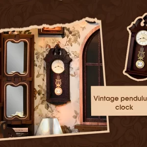 Vintage Europe miniature scene featuring a vintage pendulum clock and mirrored decorative cabinet.
