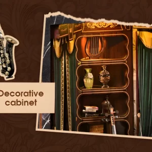 Miniature decorative cabinet within the Musical Book Nook featuring gold accents and fine detail.