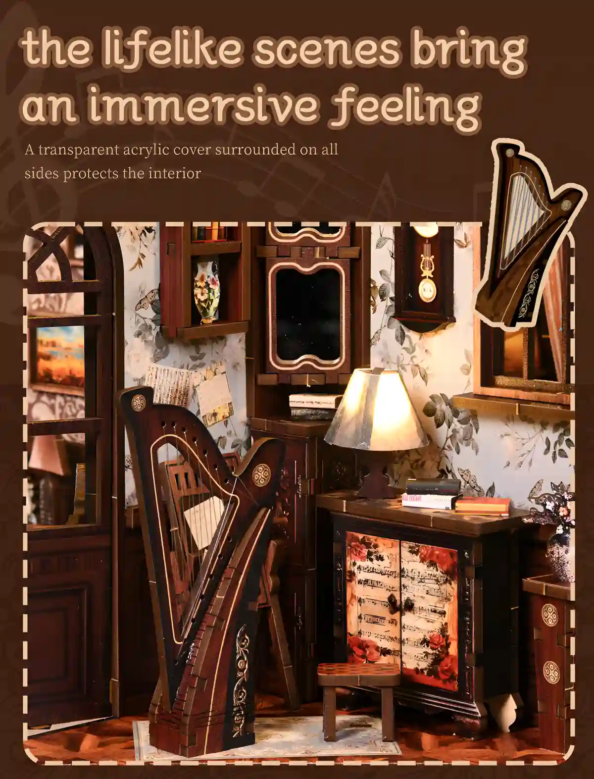 Lifelike miniature harp and antique furniture in the European Melody Box book nook.