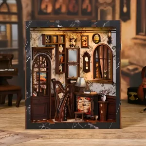 Front view of the finished European Melody miniature scene featuring a miniature harp and mirrors.