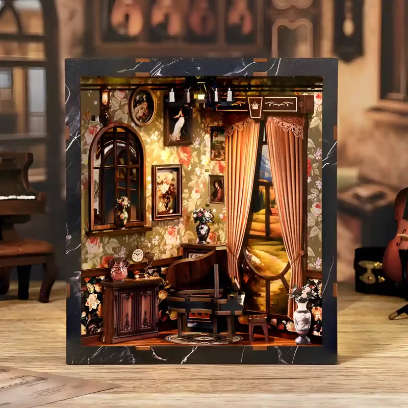 Illuminated European Melody Box book nook 'Piano Room' display, with grand piano and artwork.