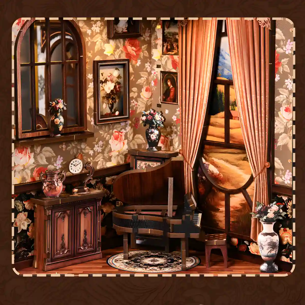 European Melody Box book nook 'Piano Room' miniature scene with grand piano and floral wallpaper.