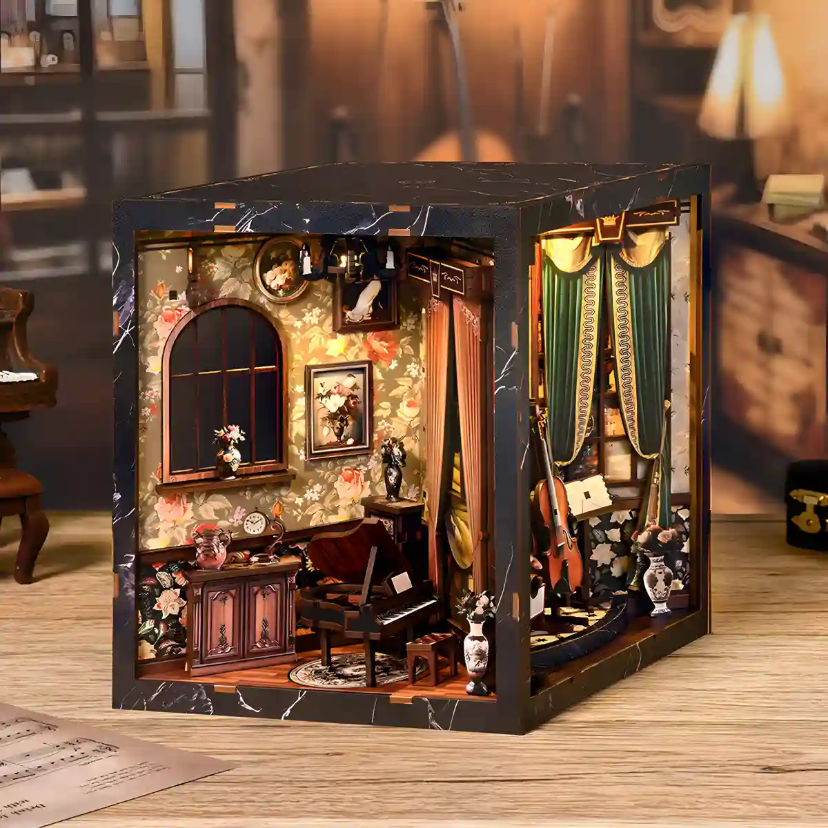 Side view of the Musical Book Nook with harp, mirrors, clock, and detailed bookshelf insert.