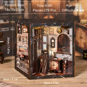 Product size and specs for the DIY Book Nook Kit: 278 pieces, 5-6 hours, Age 14+.