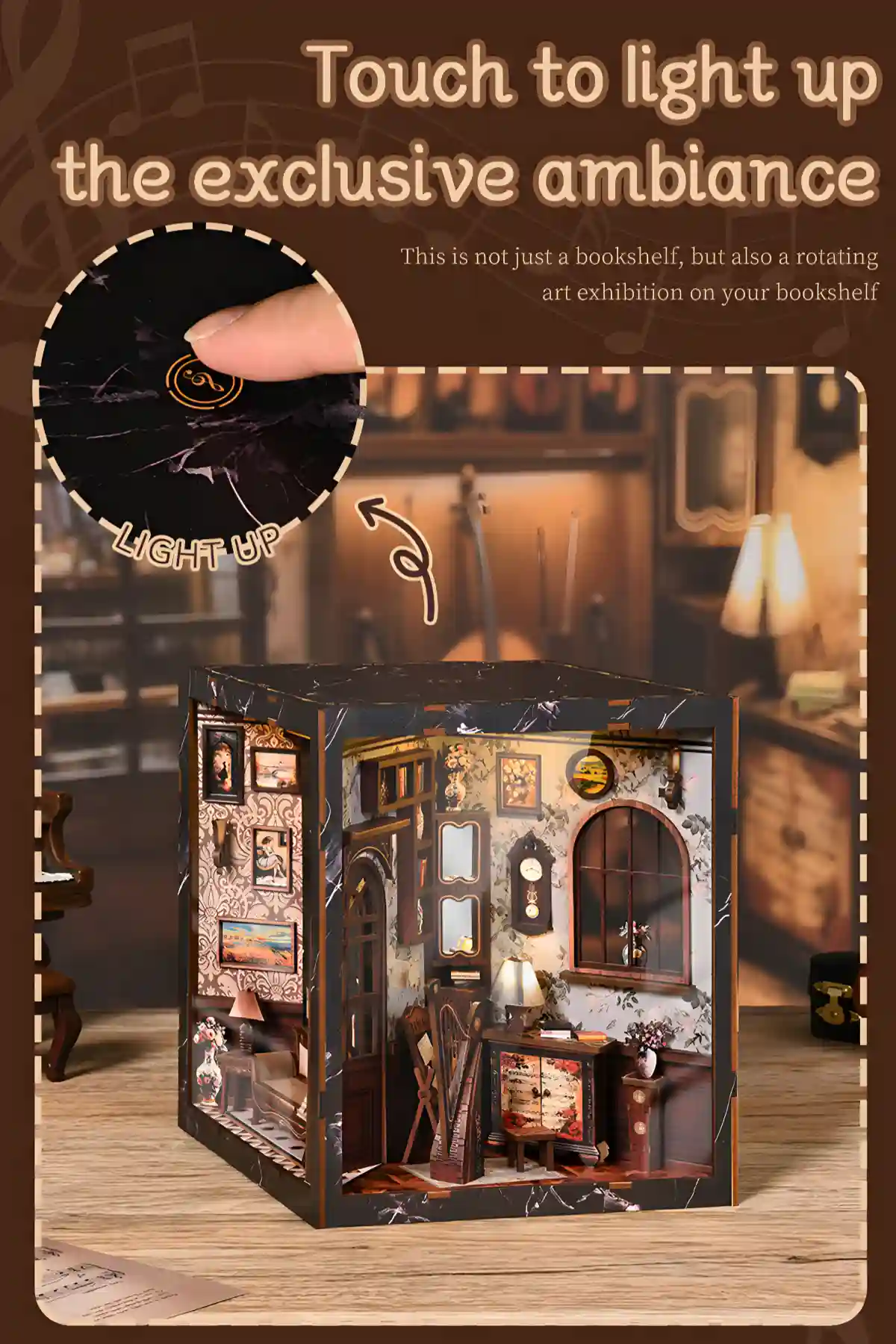 Rofuntime book nook with touch-controlled light feature, illuminating the interior miniature scene.