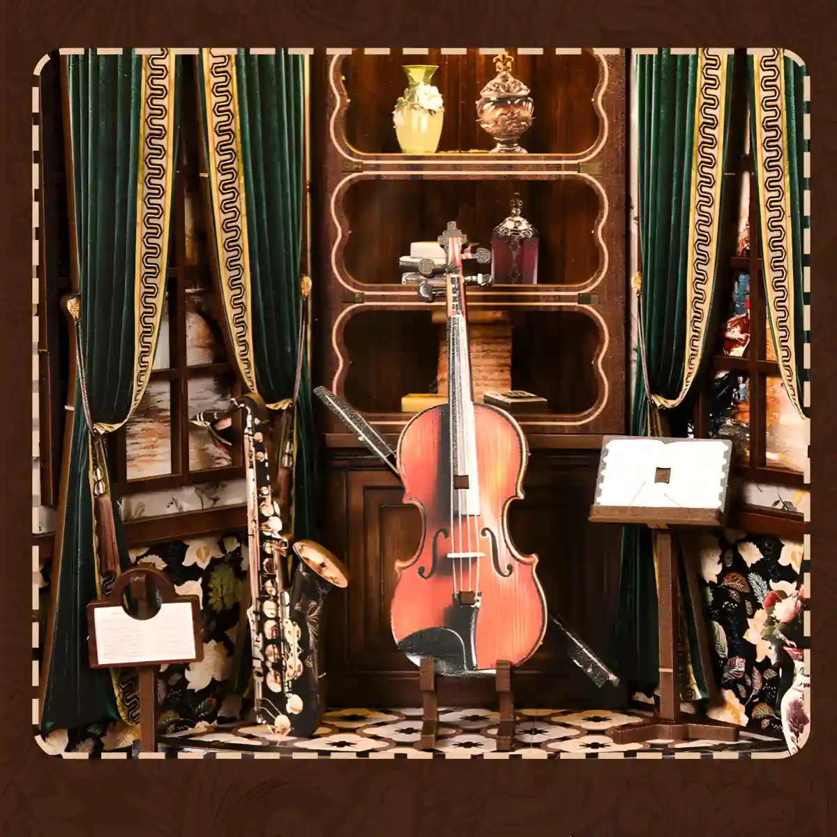 Miniature violin and saxophone scene, showcasing the European classical artistry of the interior.