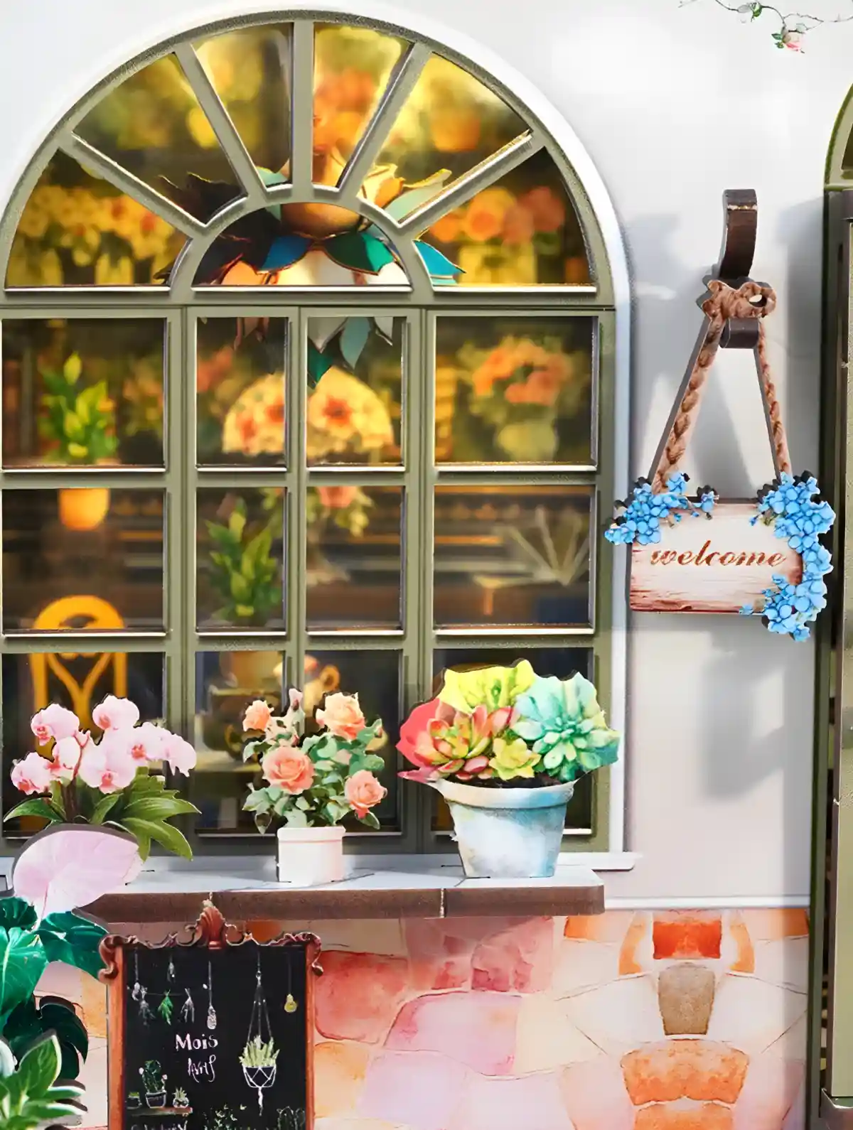 Close-up of a romantic Love Flower Shop book nook with detailed miniature flowers and window.