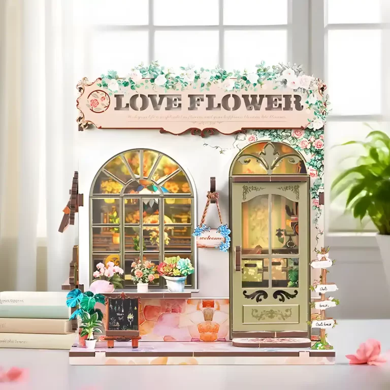 Front view of the Love Flower Shop miniature book nook, an ideal DIY kit for beginners.