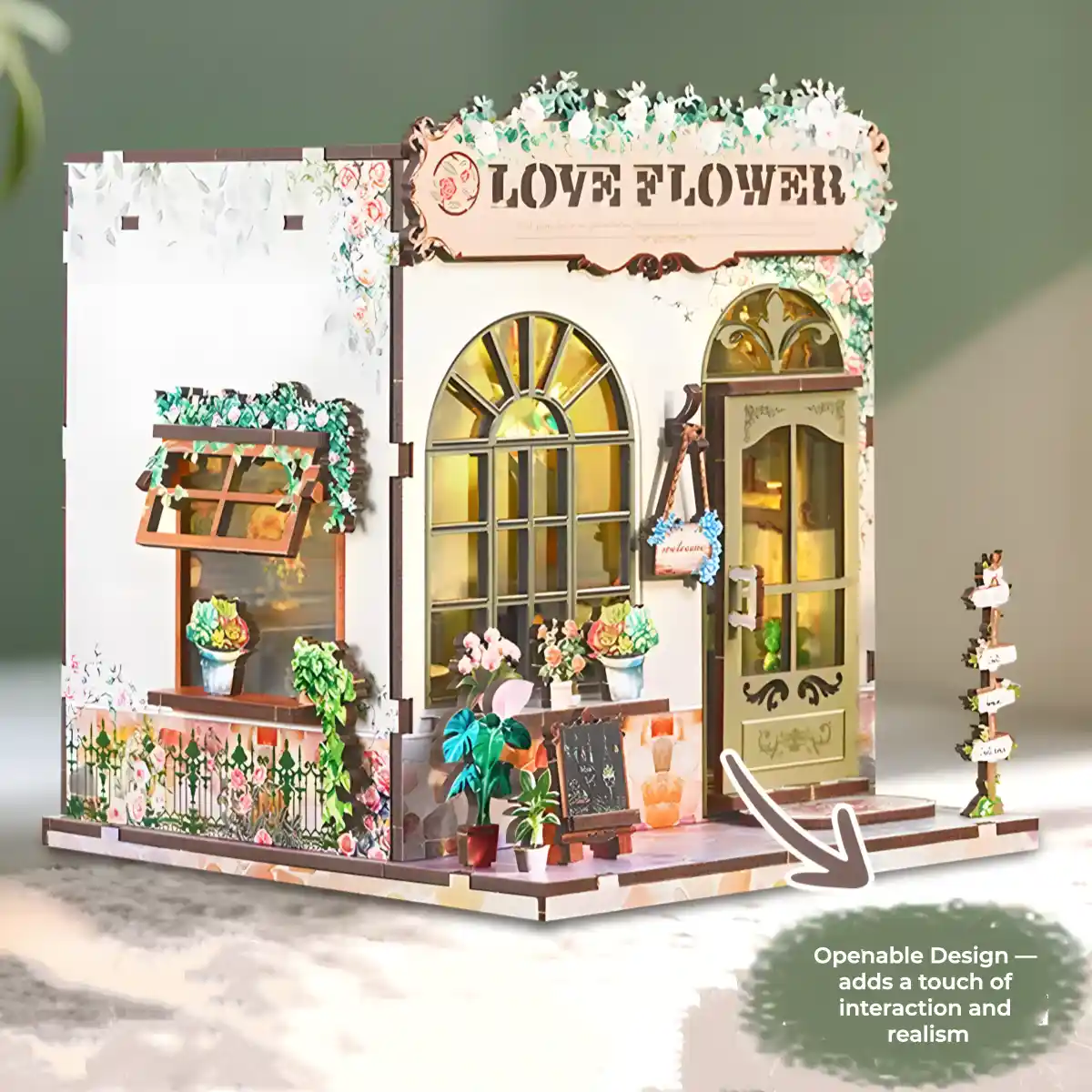 Love Flower Shop DIY Book Nook with an openable design for interactive display and realism.