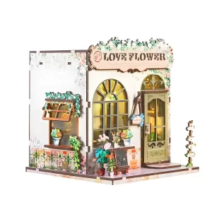 Side view of the complete Love Flower Shop book nook, a romantic DIY miniature project.