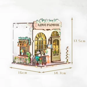 Assembled Love Flower Shop book nook with dimensions shown, a DIY miniature kit.