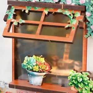 Close-up of an openable window on the romantic Love Flower Shop book nook for beginners.