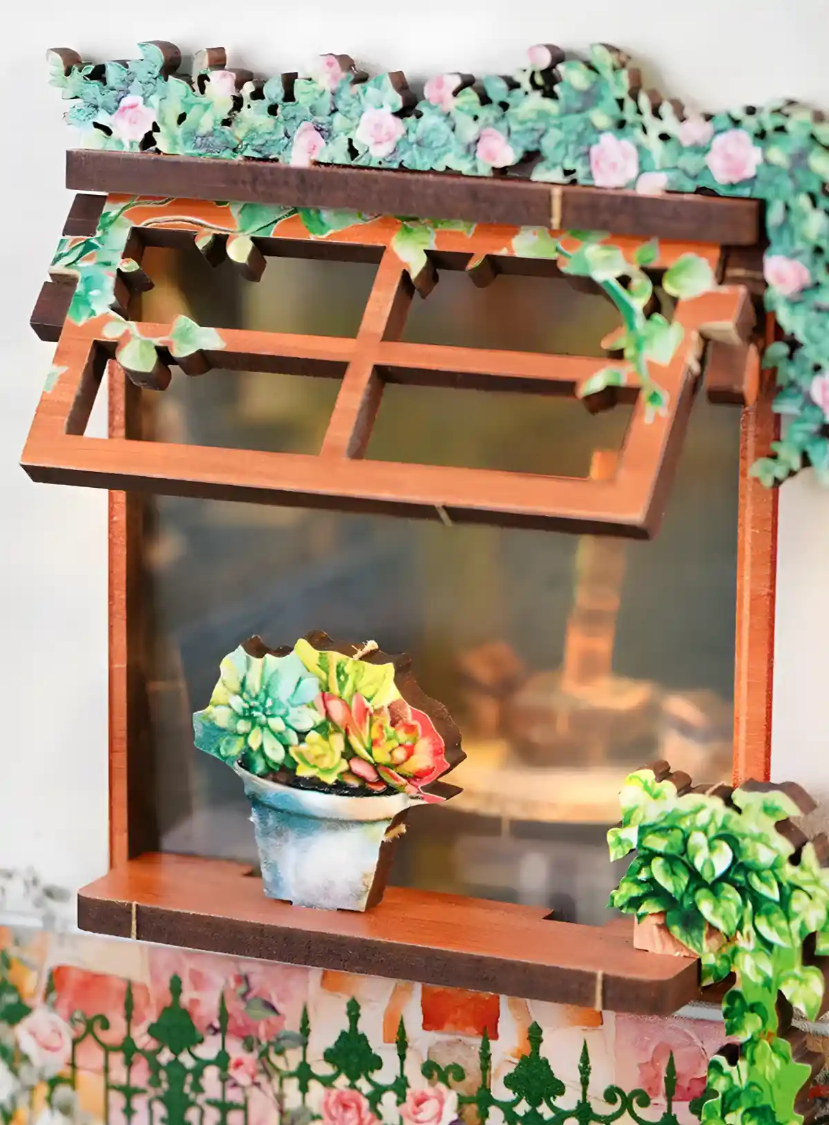 Close-up of an openable window on the romantic Love Flower Shop book nook for beginners.