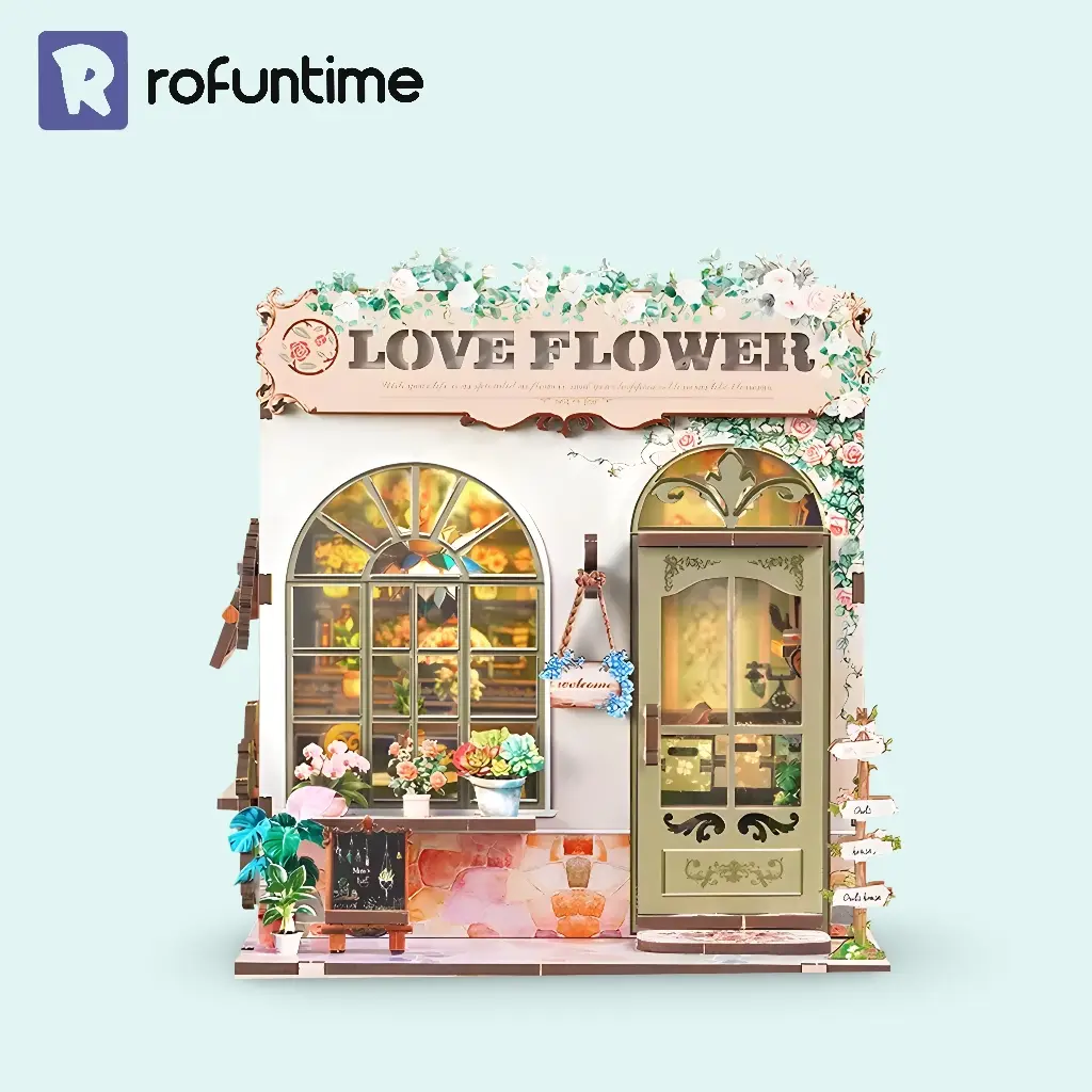 Rofuntime's Love Flower Shop book nook kit, a romantic DIY miniature for beginners.