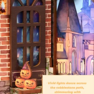 The cobblestone path of a DIY book nook with spooky pumpkins and glowing lamps, creating a mysterious and magical wizarding atmosphere.