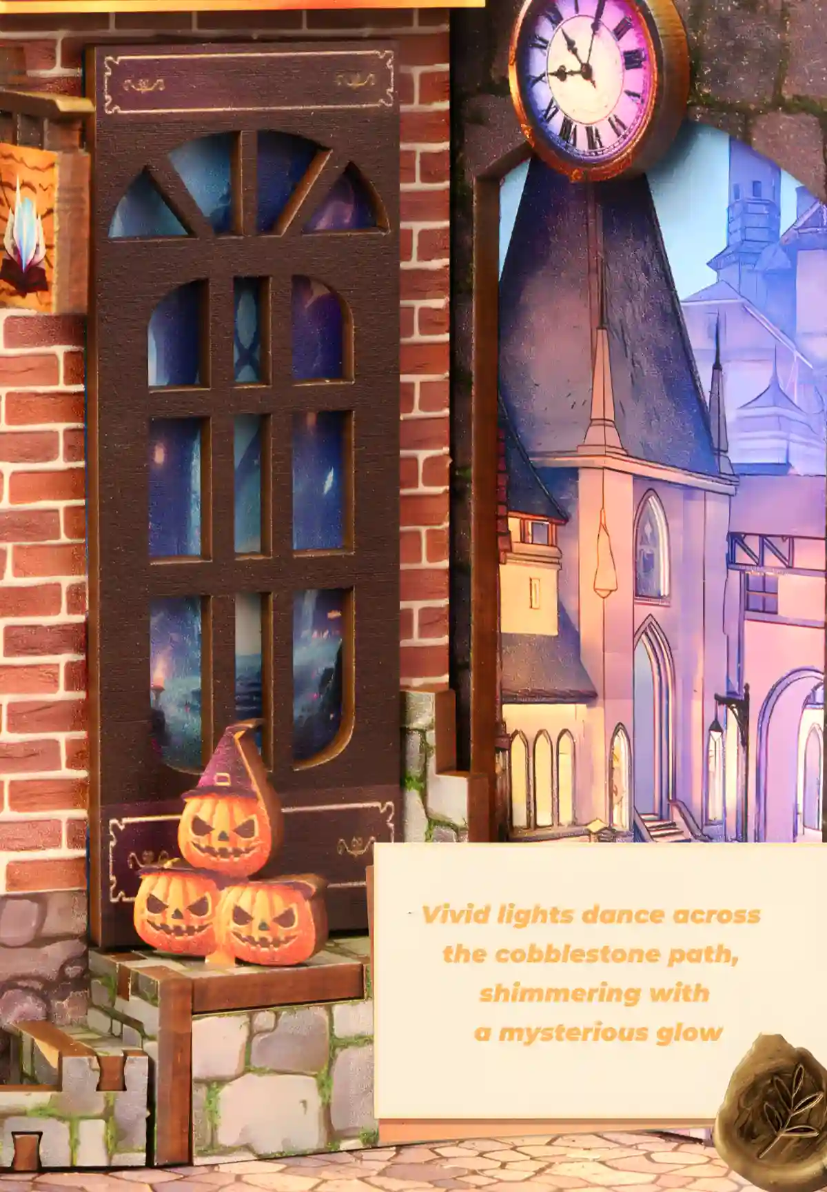 The cobblestone path of a DIY book nook with spooky pumpkins and glowing lamps, creating a mysterious and magical wizarding atmosphere.