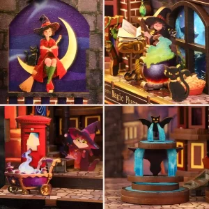 A collage of four close-ups from the Magic Alley book nook, showing a potion room, whimsical characters, and other gothic details.