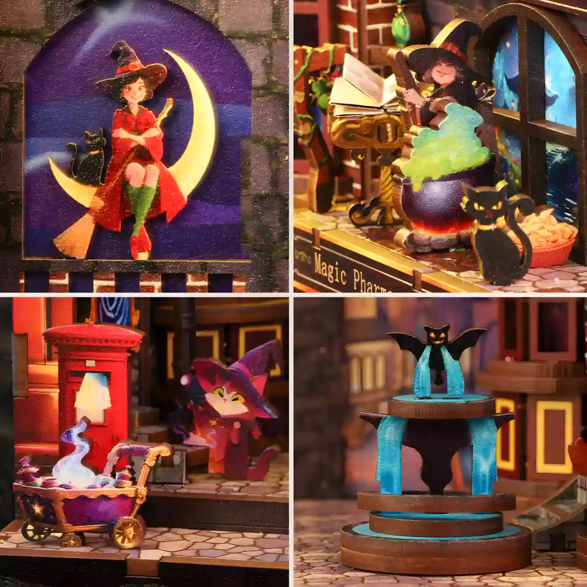A collage of four close-ups from the Magic Alley book nook, showing a potion room, whimsical characters, and other gothic details.
