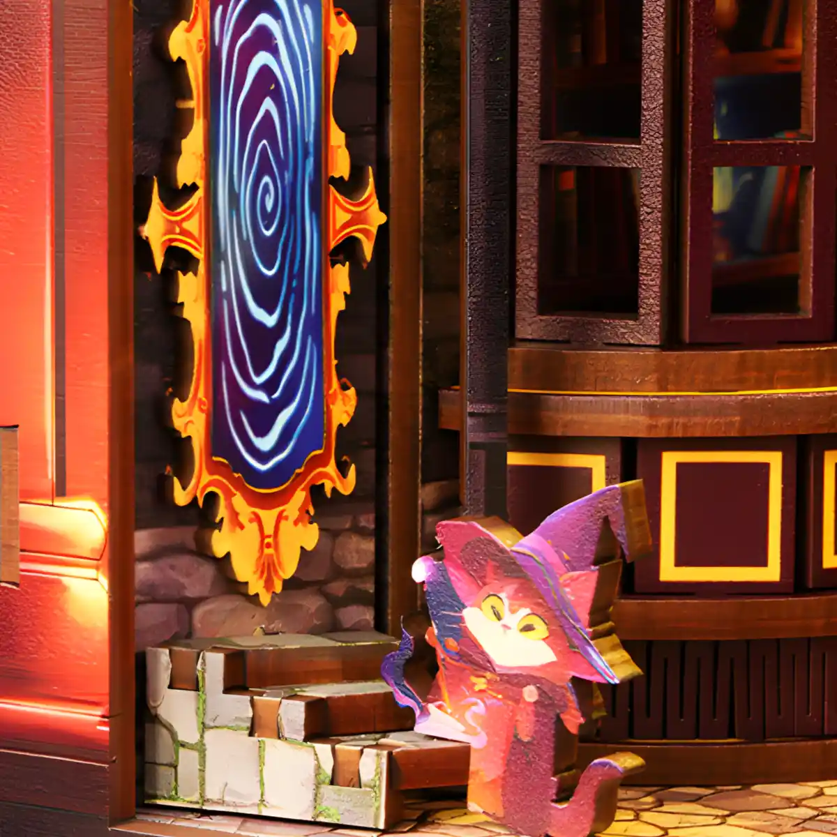 A cute cat wizard figure in the Magic Alley book nook, standing near a swirling, glowing portal, creating a charming fantasy world scene.