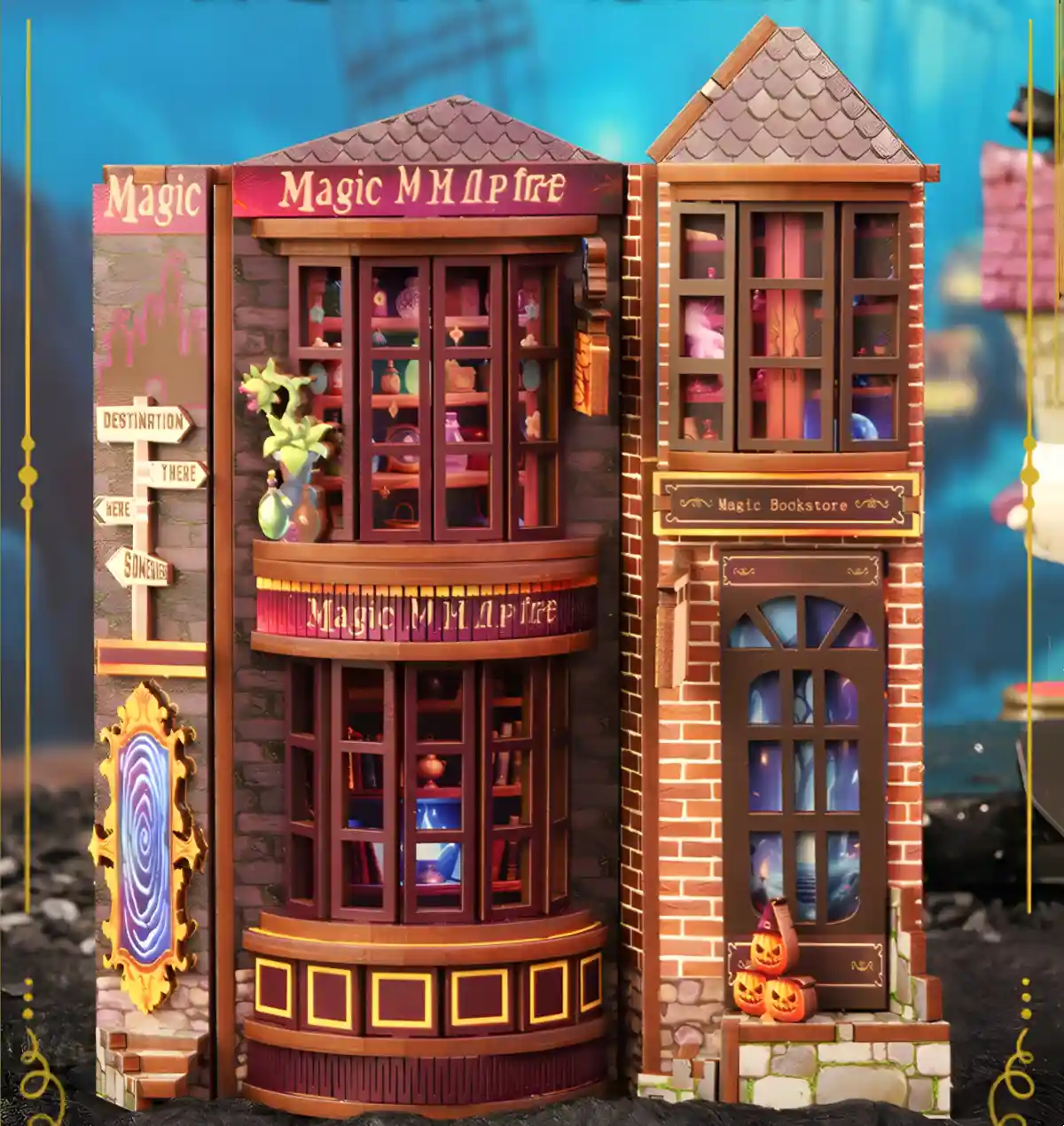 The detailed storefronts of the wizard shops in the Magic Alley book nook, featuring a bookstore, potion displays, and a magical portal.