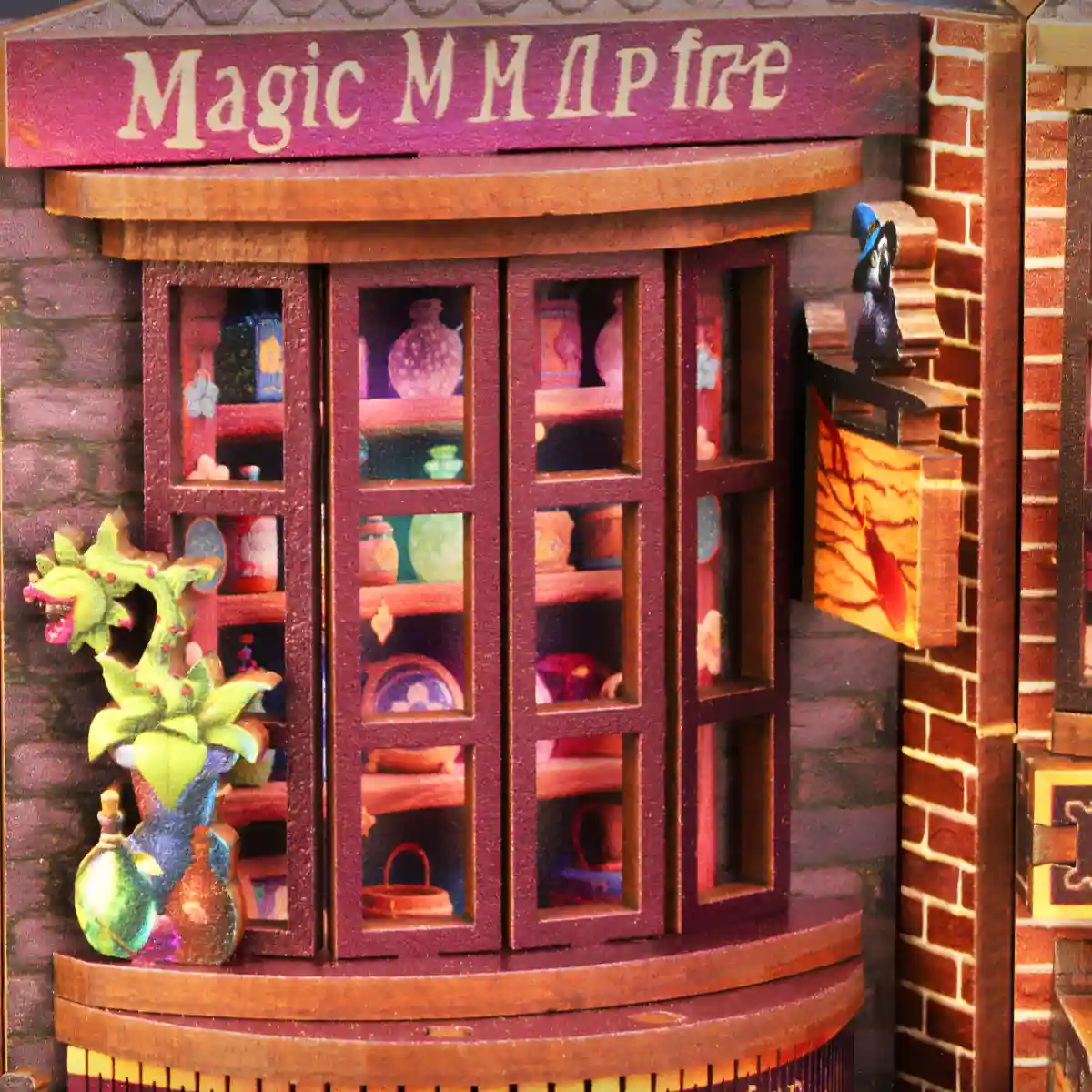 A close-up of a wizard shop's bay window in the Magic Alley book nook, filled with tiny, detailed potion bottles on shelves.