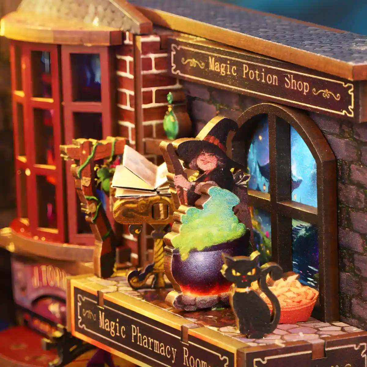 A close-up of the "Magic Potion Shop" in the DIY book nook, with a witch brewing a potion, creating a lively wizarding atmosphere.