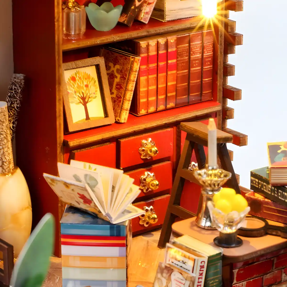 DIY Magical Shack bookshelf, miniature books, wooden ladder, illuminated decor.